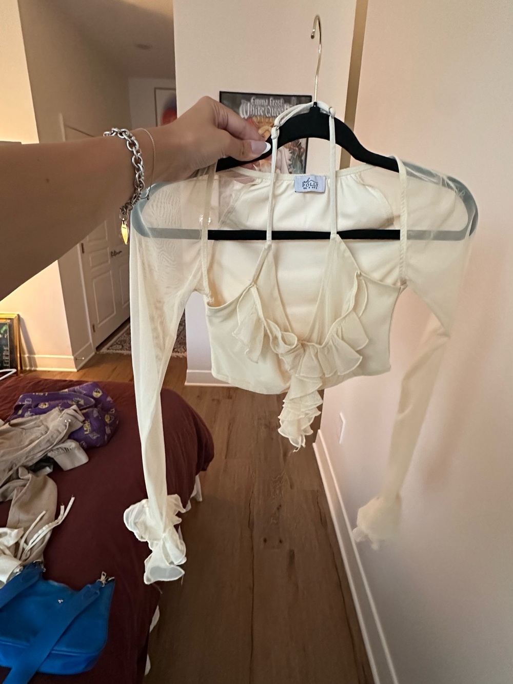 Oh Polly Ivory Ruffle Tie-Front Long Sleeve Crop Top